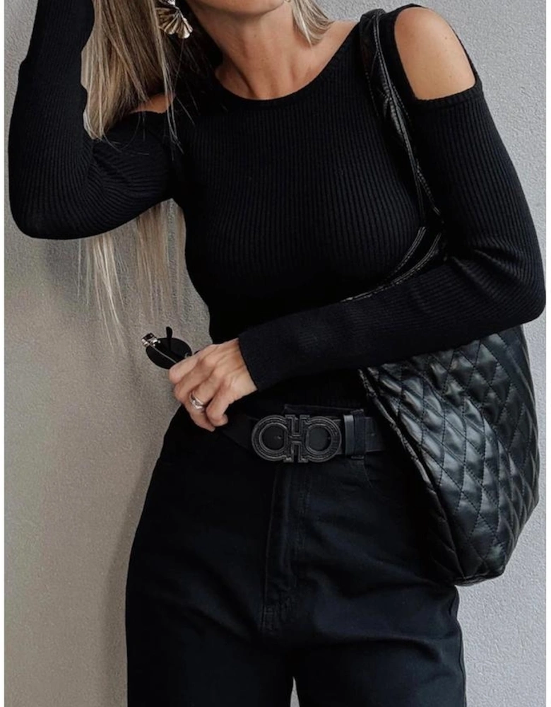 Black Ribbed Knit Cold Shoulder Sweater