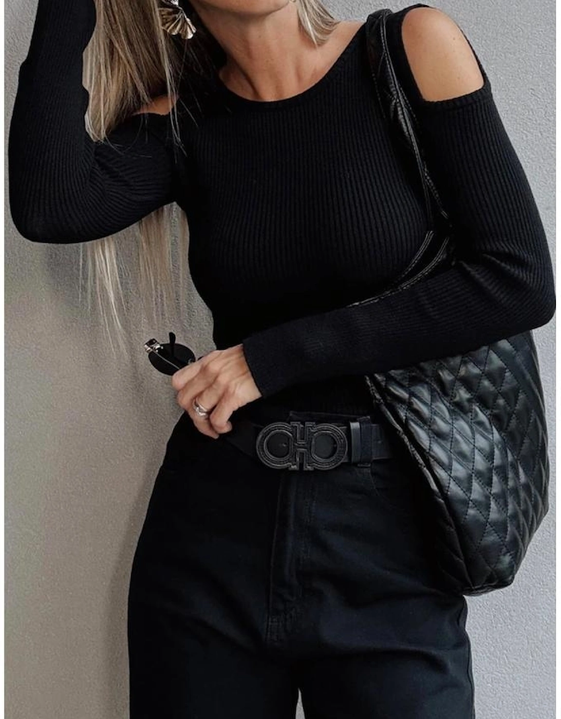 Black Ribbed Knit Cold Shoulder Sweater