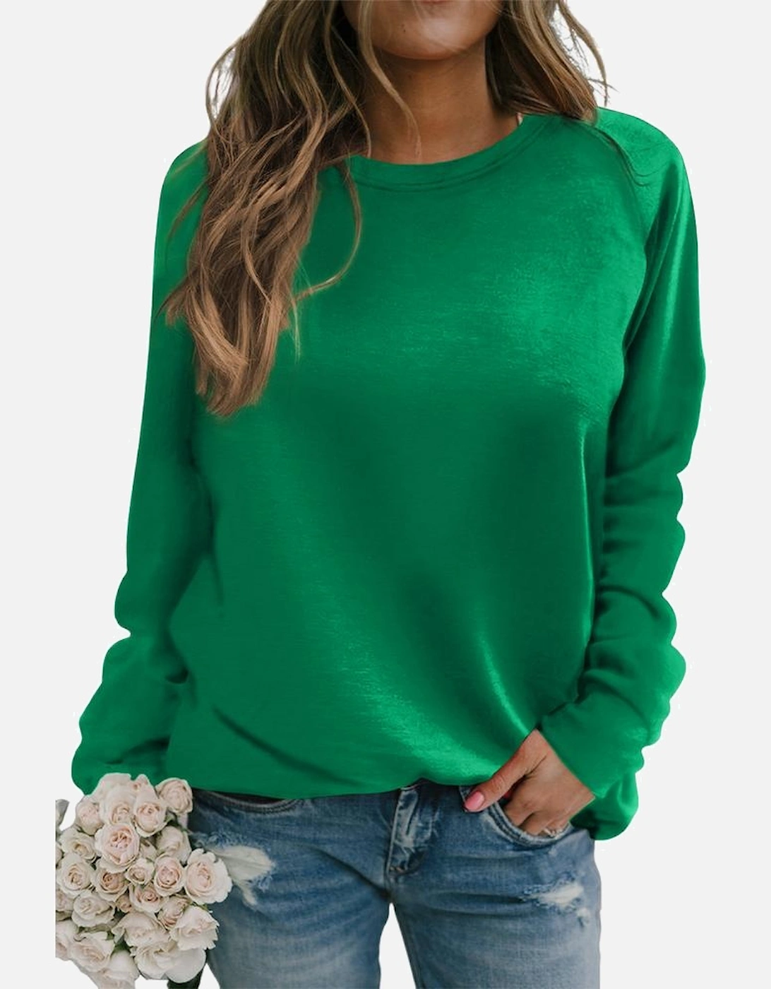 Green Solid Round Neck Raglan Sleeve Sweatshirt