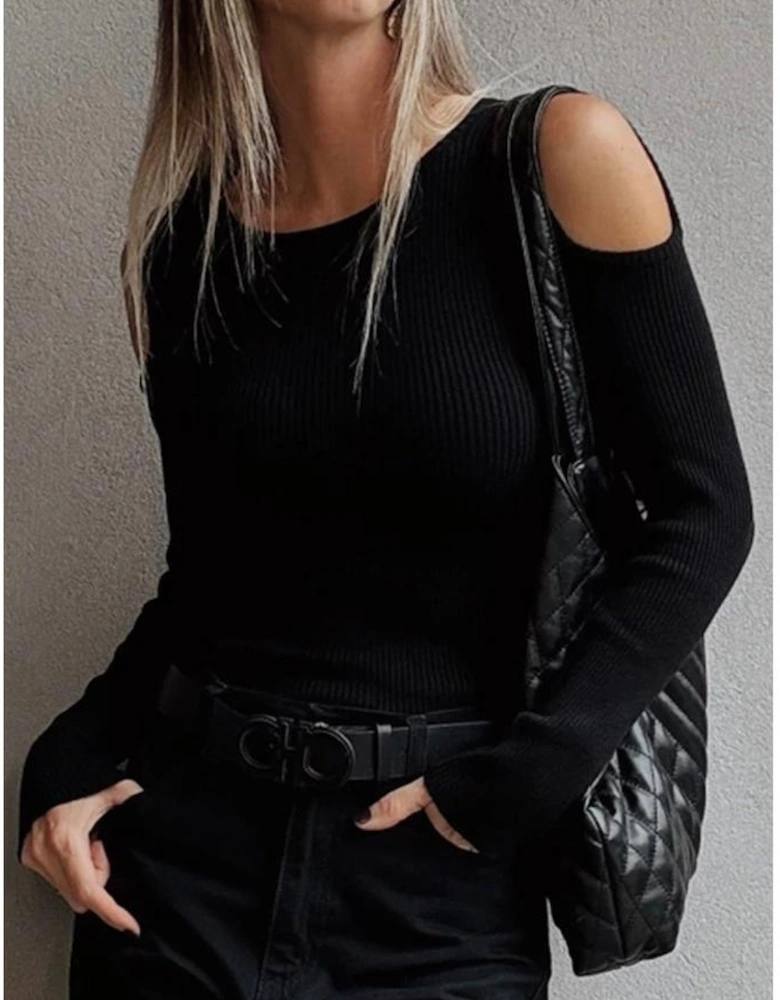 Black Ribbed Knit Cold Shoulder Sweater