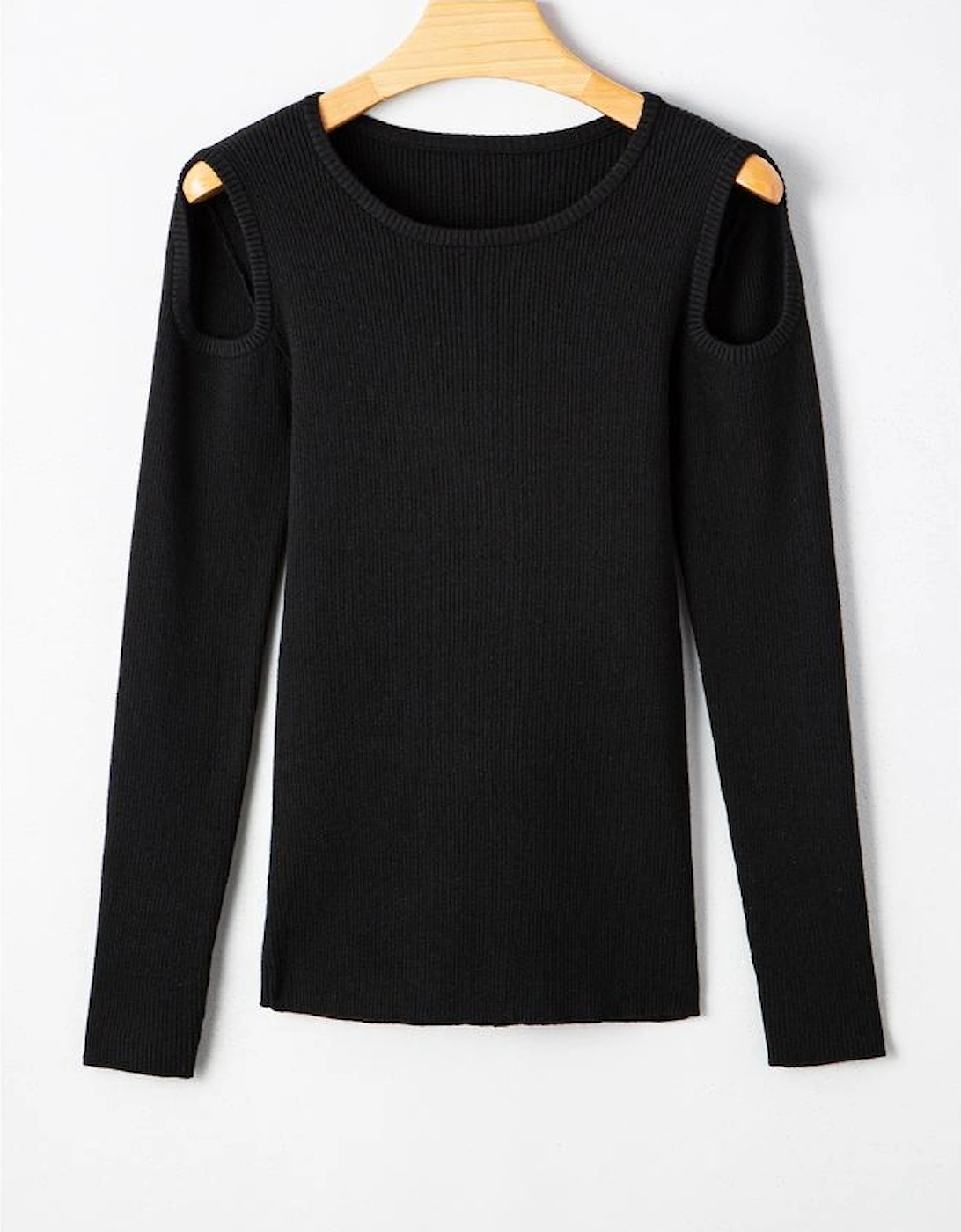 Black Ribbed Knit Cold Shoulder Sweater