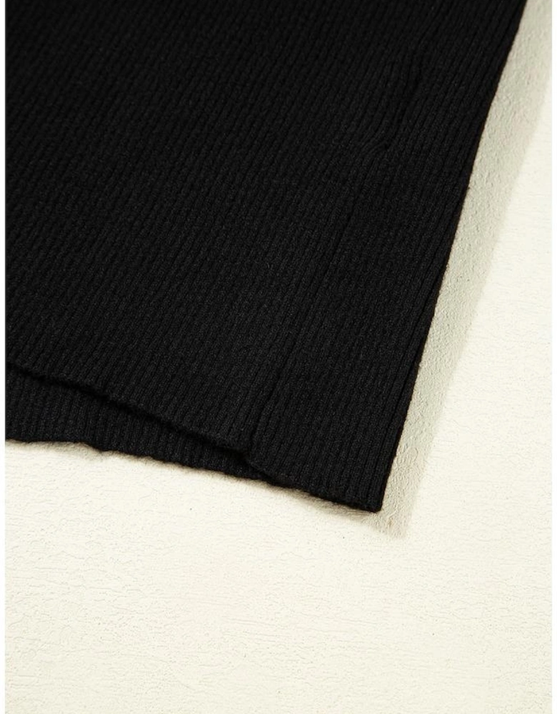 Black Ribbed Knit Cold Shoulder Sweater