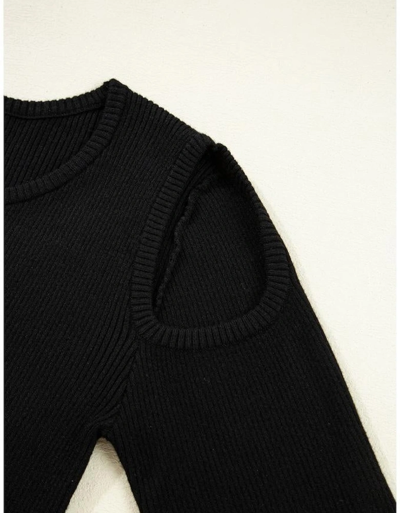 Black Ribbed Knit Cold Shoulder Sweater