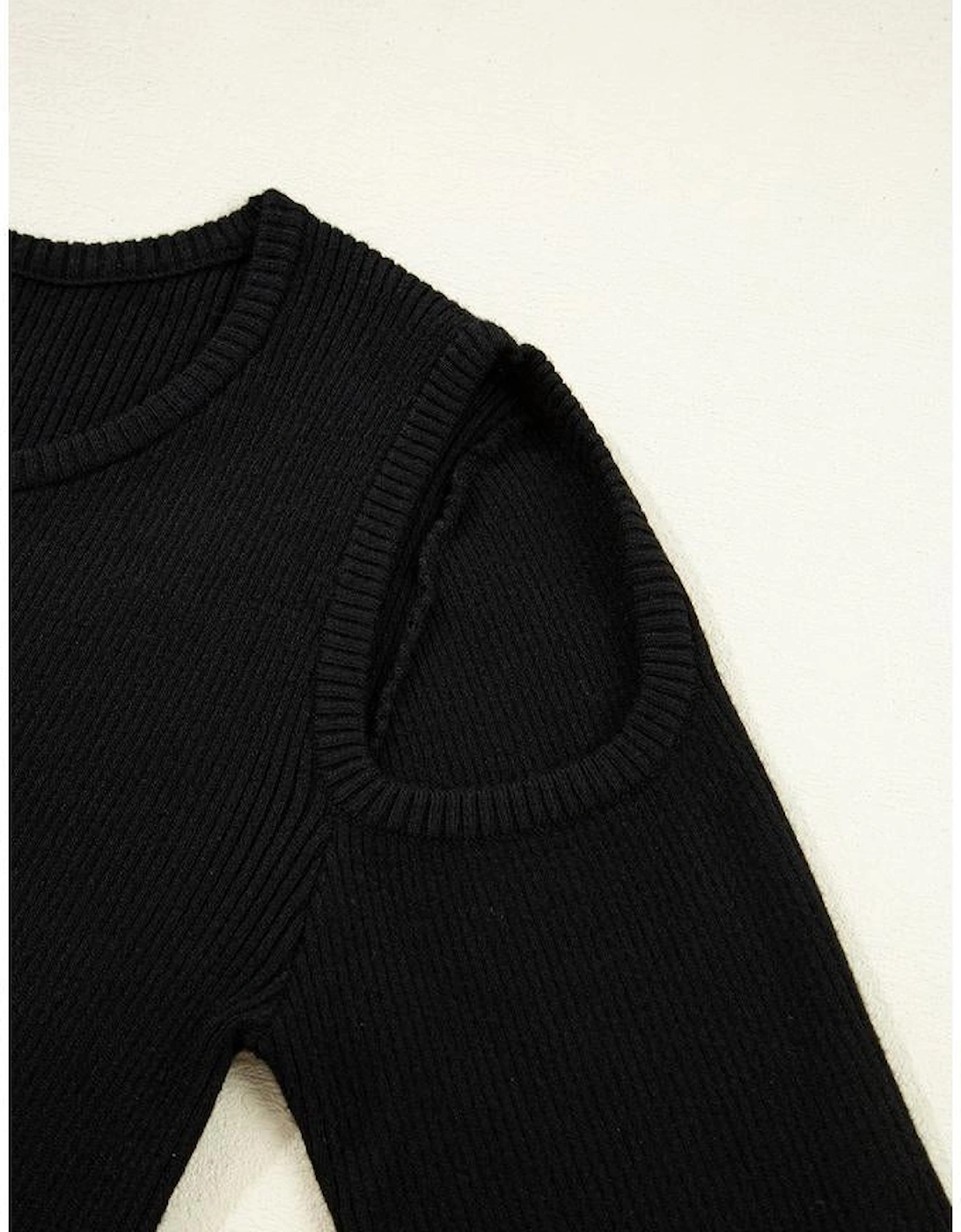 Black Ribbed Knit Cold Shoulder Sweater