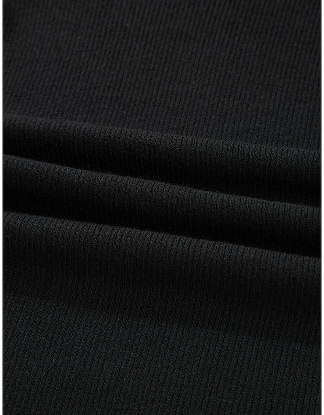 Black Ribbed Knit Cold Shoulder Sweater
