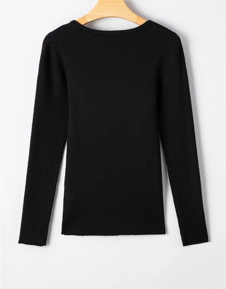 Black Ribbed Knit Cold Shoulder Sweater