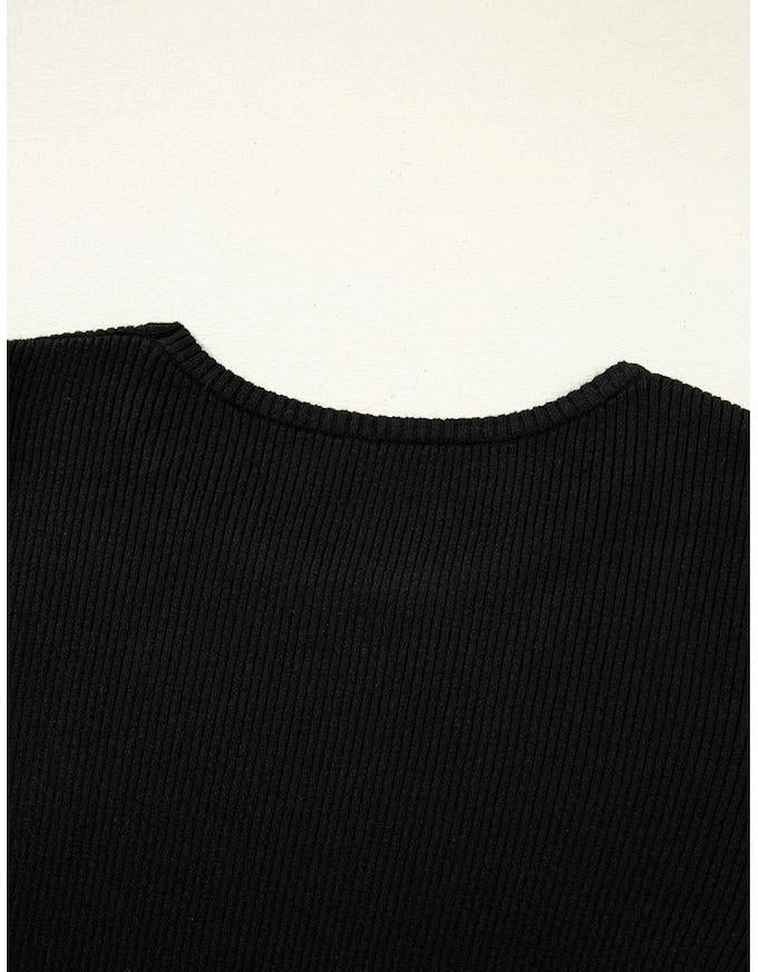 Black Ribbed Knit Cold Shoulder Sweater