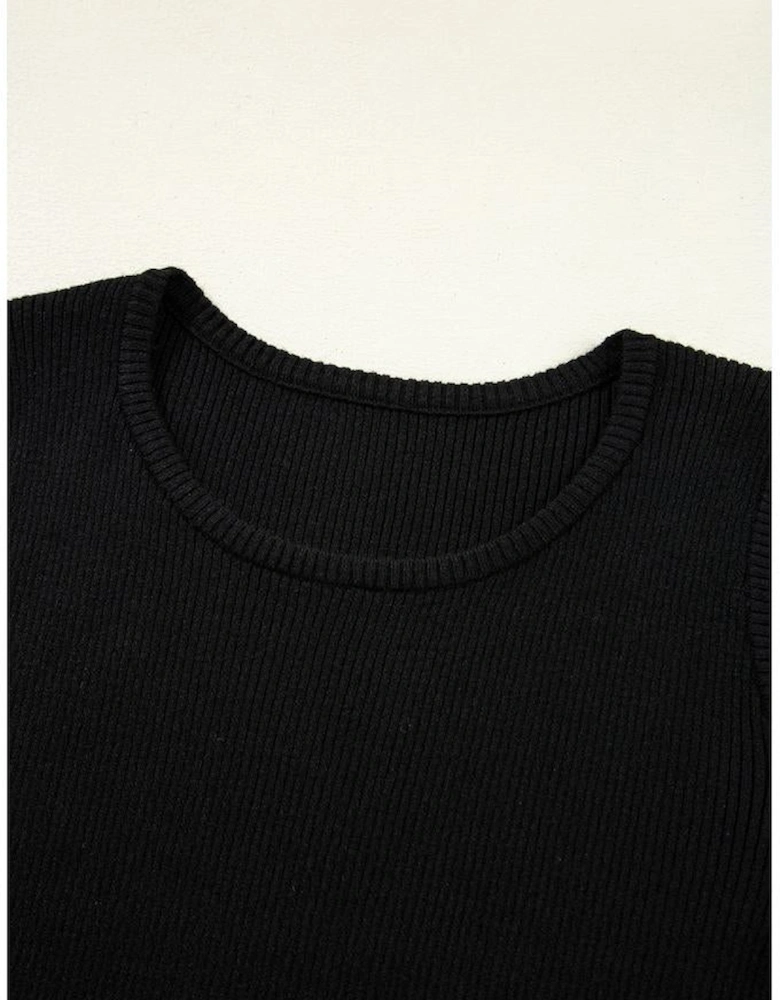 Black Ribbed Knit Cold Shoulder Sweater
