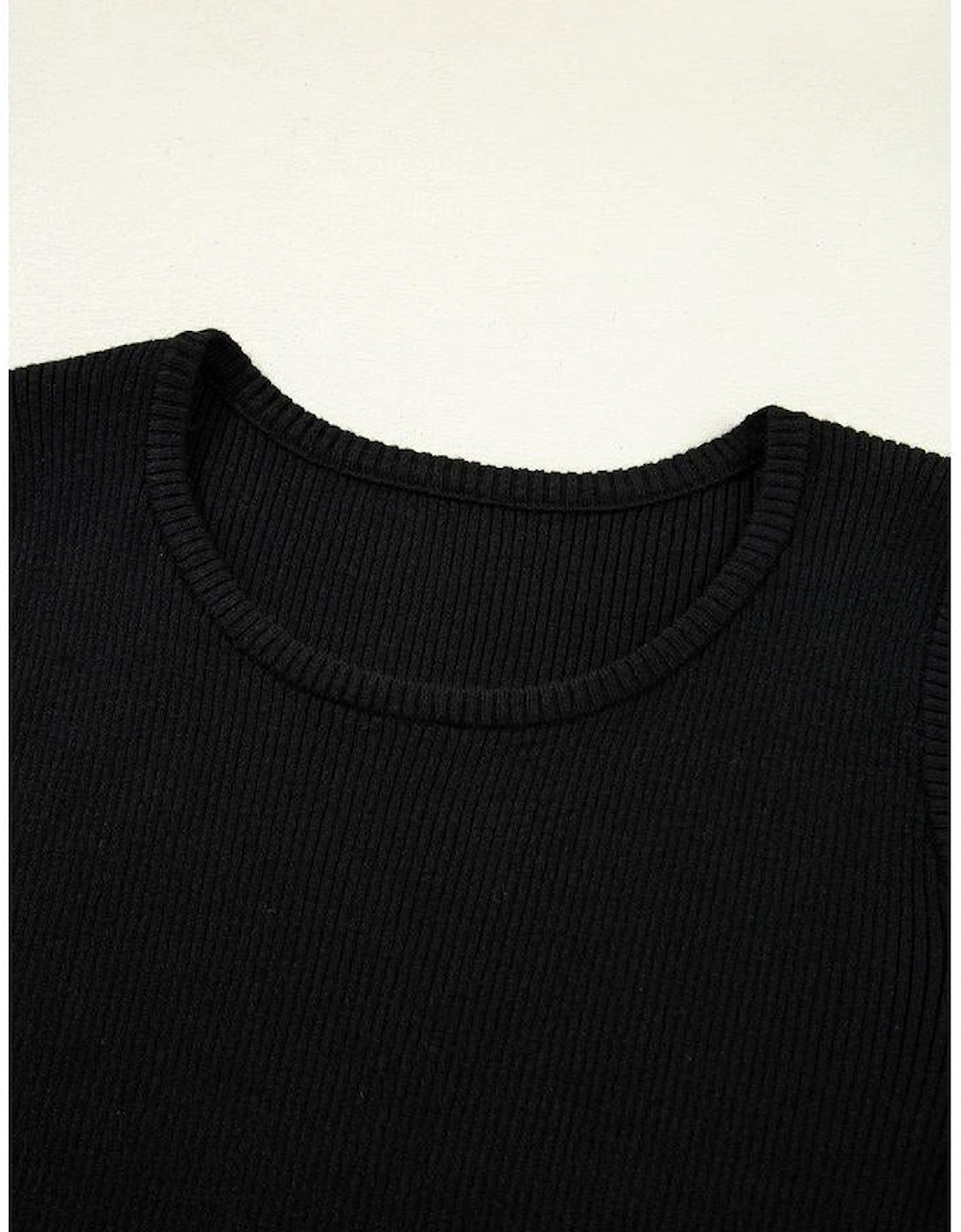 Black Ribbed Knit Cold Shoulder Sweater
