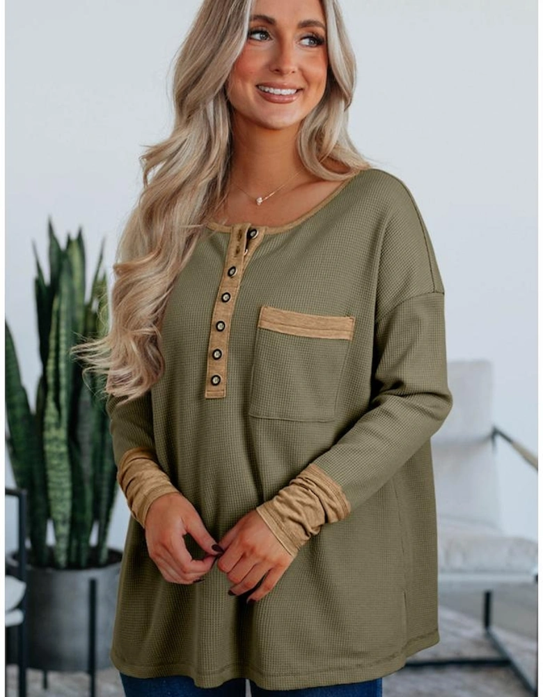 Vineyard Green Color Block Waffle Textured Tunic Henley Top with Slits