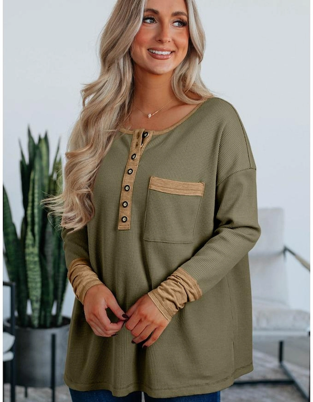 Vineyard Green Color Block Waffle Textured Tunic Henley Top with Slits