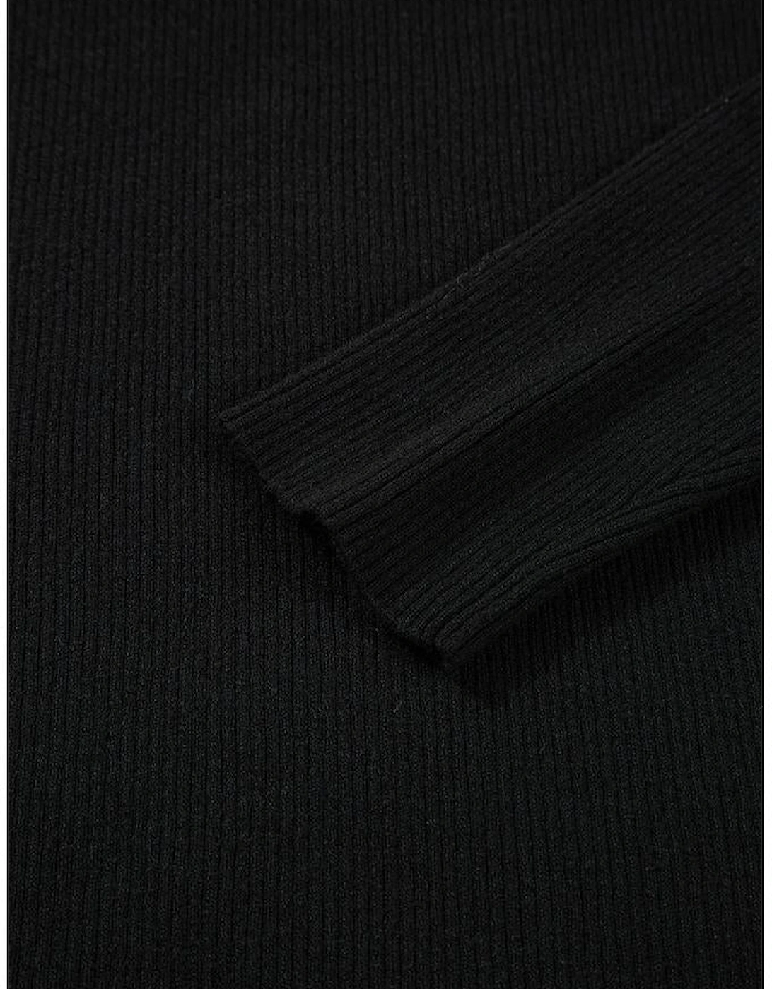 Black Ribbed Knit Cold Shoulder Sweater