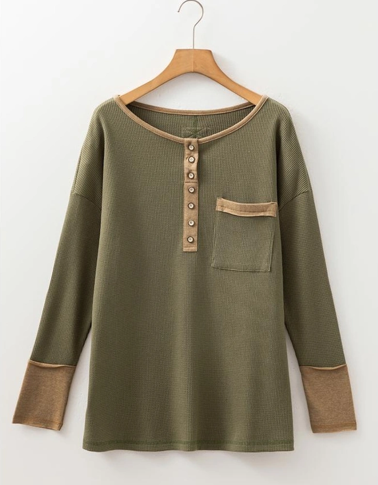Vineyard Green Color Block Waffle Textured Tunic Henley Top with Slits