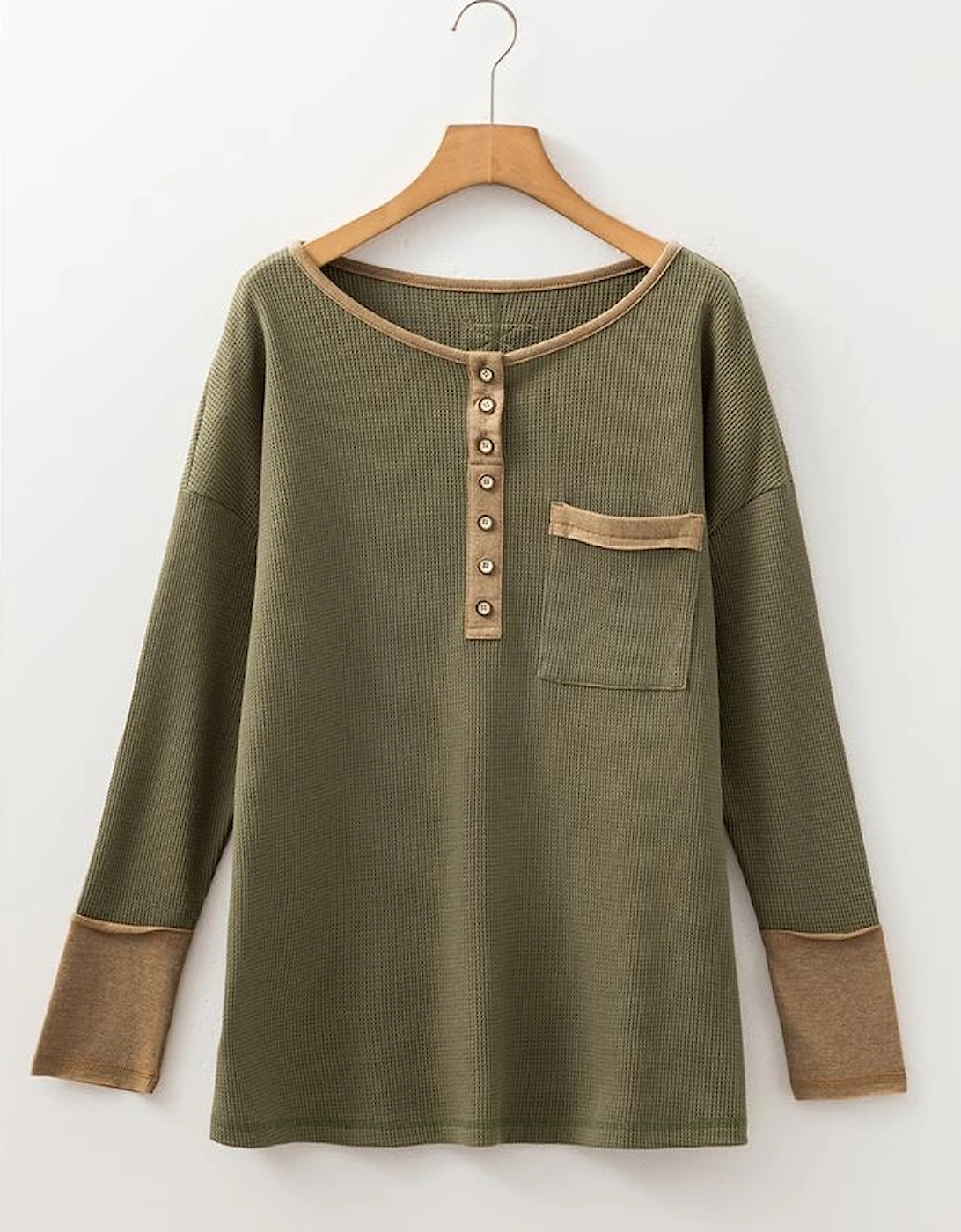 Vineyard Green Color Block Waffle Textured Tunic Henley Top with Slits