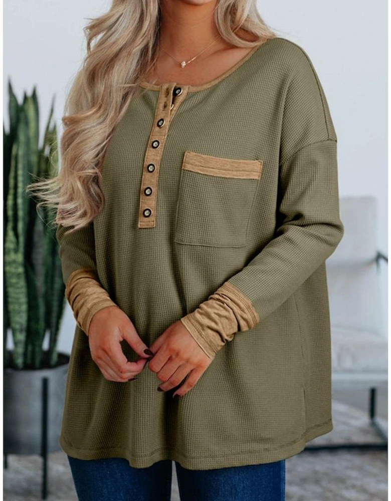 Vineyard Green Color Block Waffle Textured Tunic Henley Top with Slits