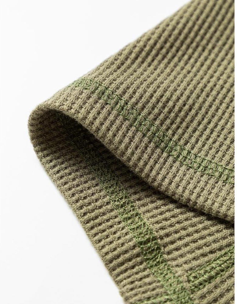 Vineyard Green Color Block Waffle Textured Tunic Henley Top with Slits