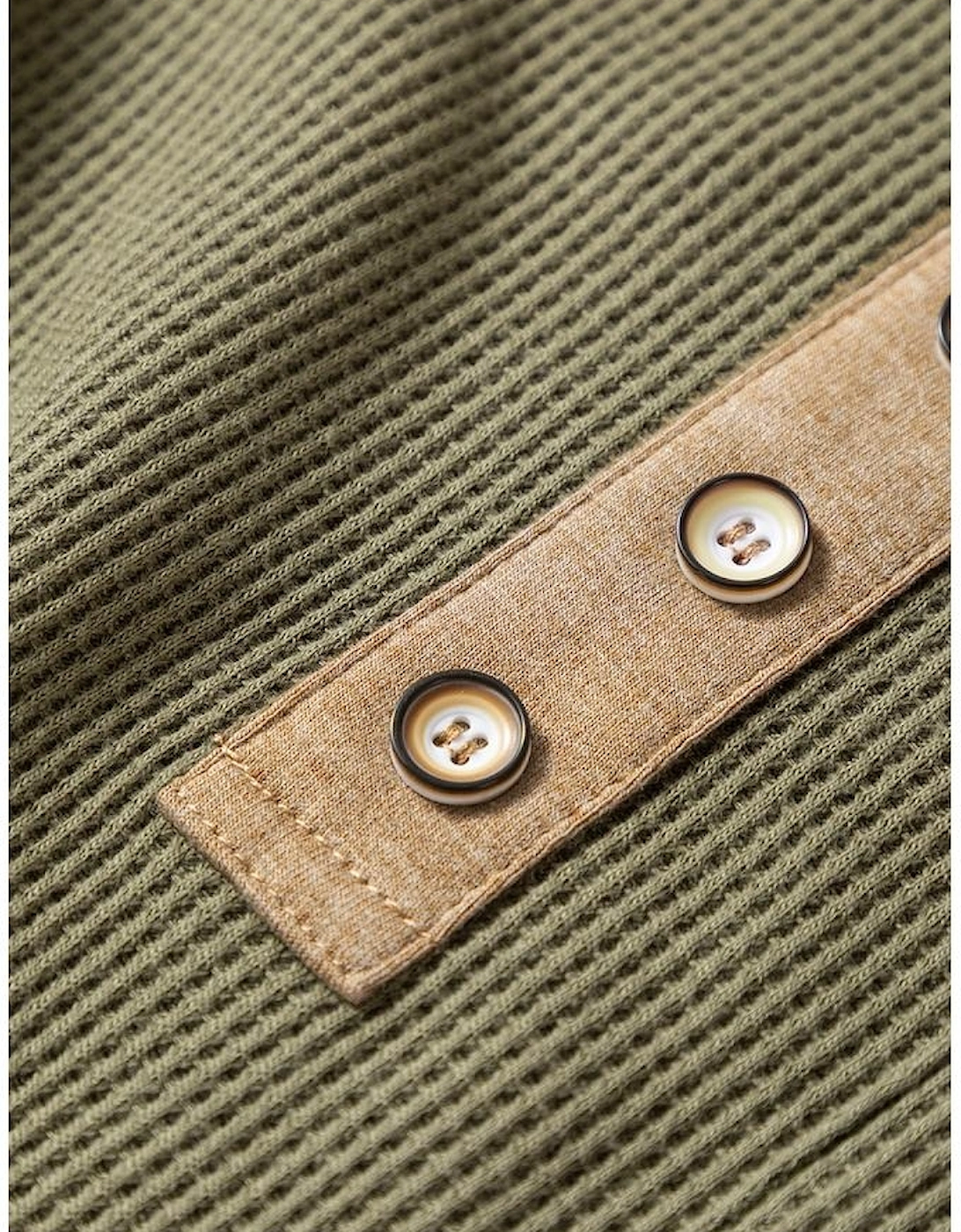 Vineyard Green Color Block Waffle Textured Tunic Henley Top with Slits