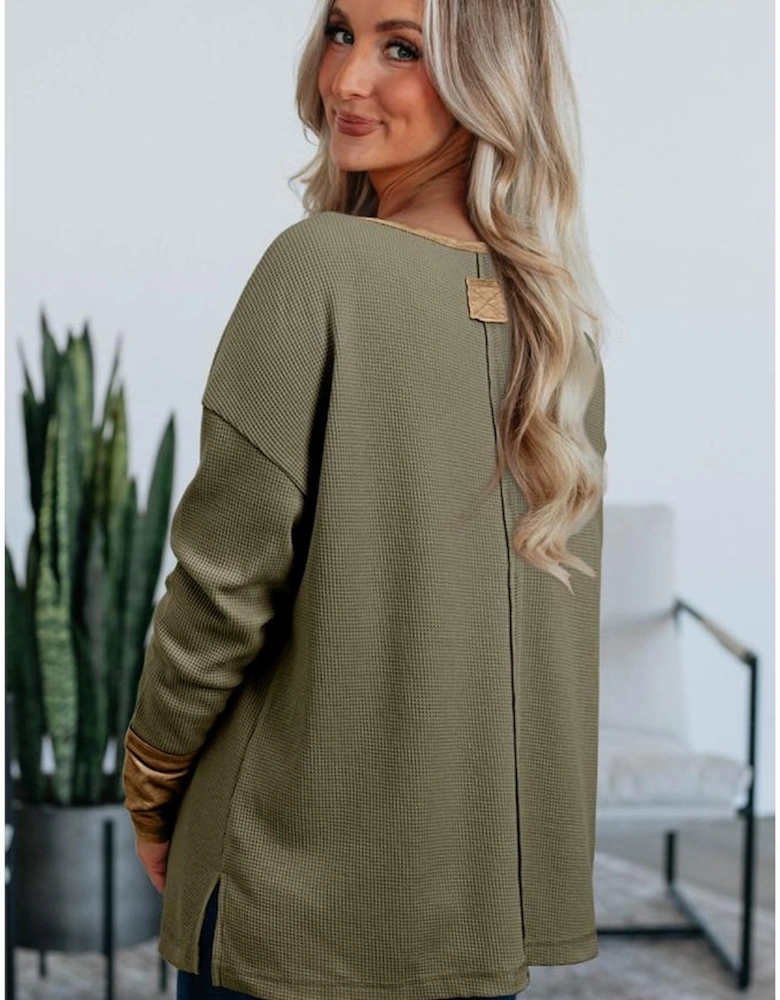 Vineyard Green Color Block Waffle Textured Tunic Henley Top with Slits