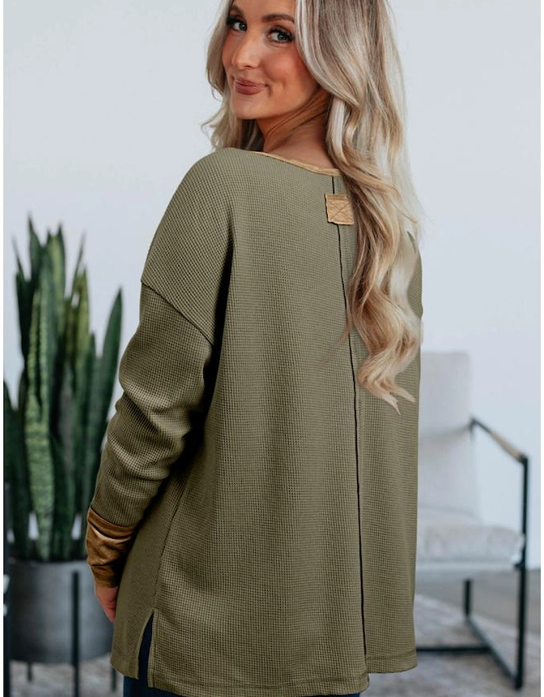 Vineyard Green Color Block Waffle Textured Tunic Henley Top with Slits, 11 of 10