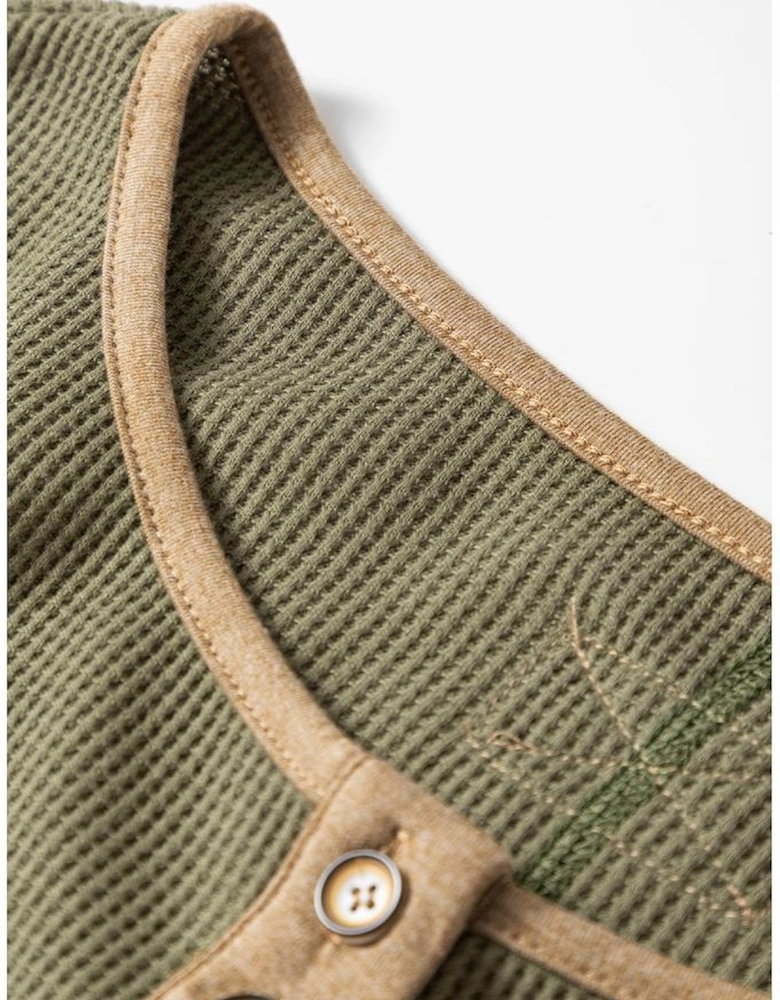 Vineyard Green Color Block Waffle Textured Tunic Henley Top with Slits