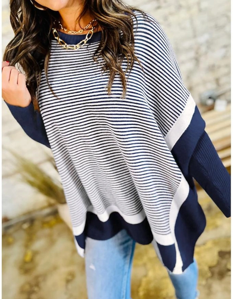 Blue Stripe Color Block Patchwork Dolman Oversize Tunic Sweater