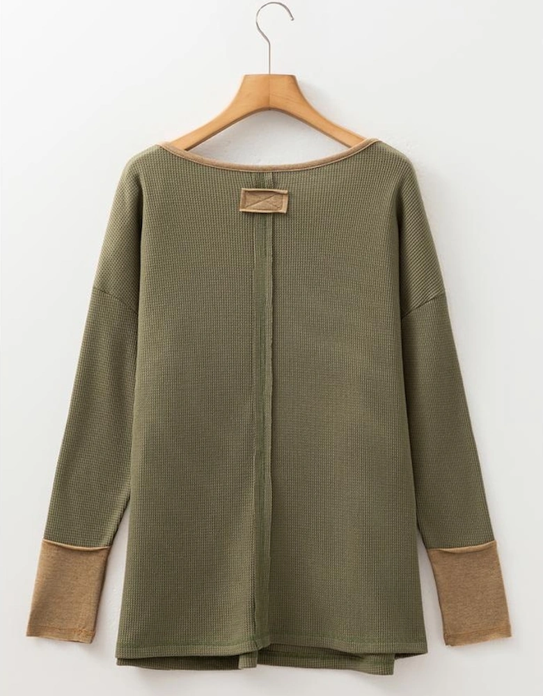 Vineyard Green Color Block Waffle Textured Tunic Henley Top with Slits