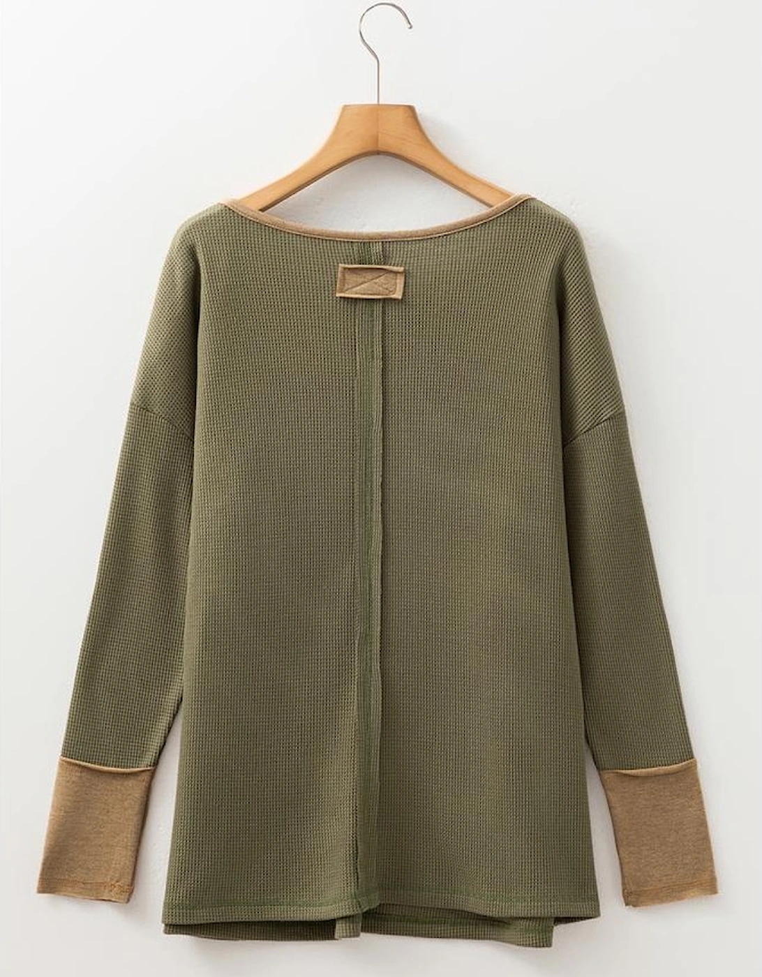 Vineyard Green Color Block Waffle Textured Tunic Henley Top with Slits