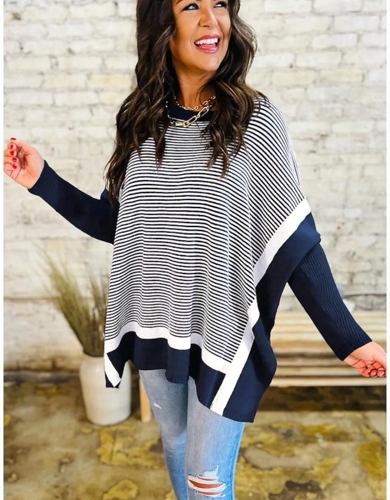 Blue Stripe Color Block Patchwork Dolman Oversize Tunic Sweater