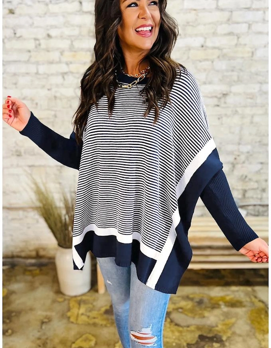 Blue Stripe Color Block Patchwork Dolman Oversize Tunic Sweater