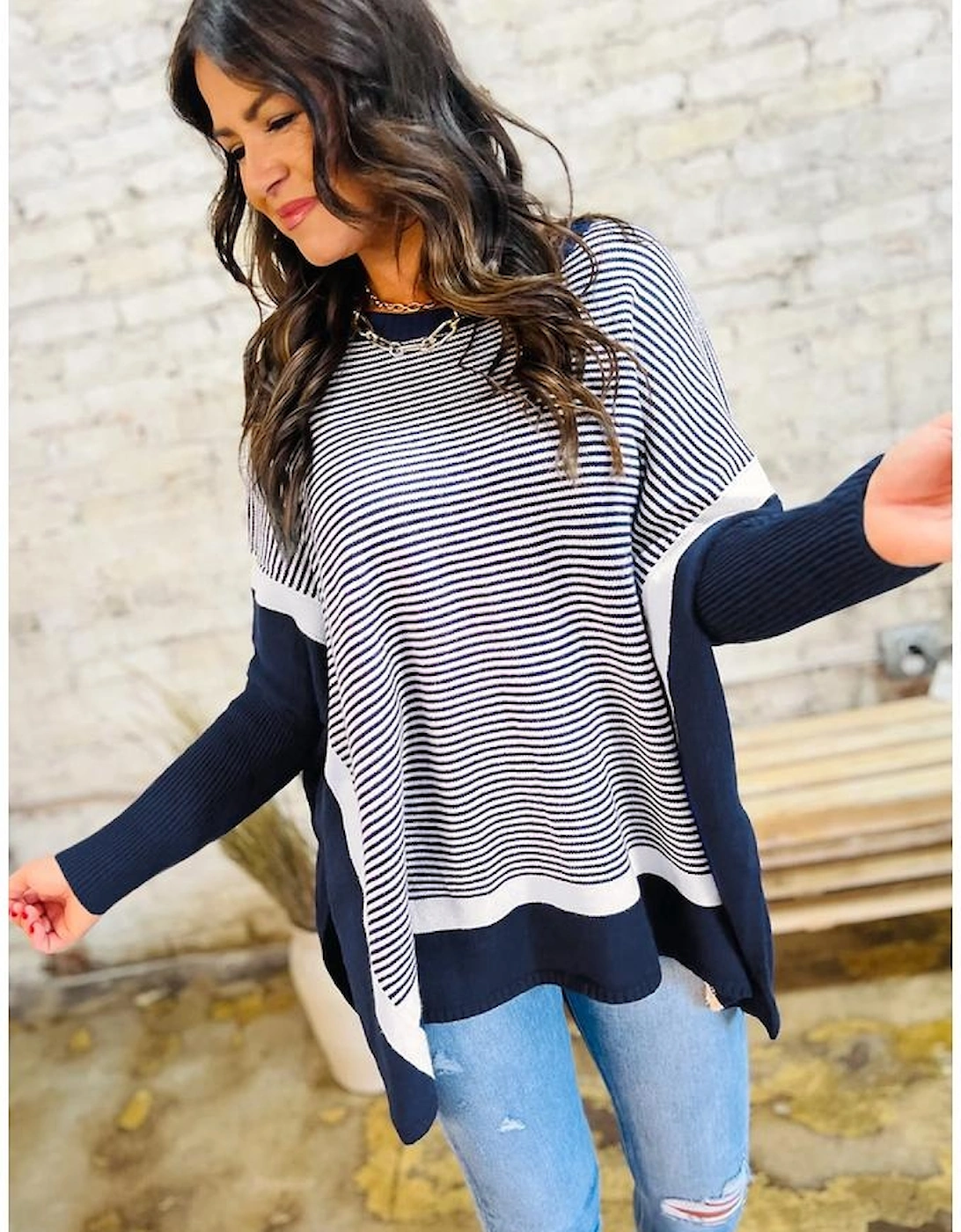 Blue Stripe Color Block Patchwork Dolman Oversize Tunic Sweater, 12 of 11