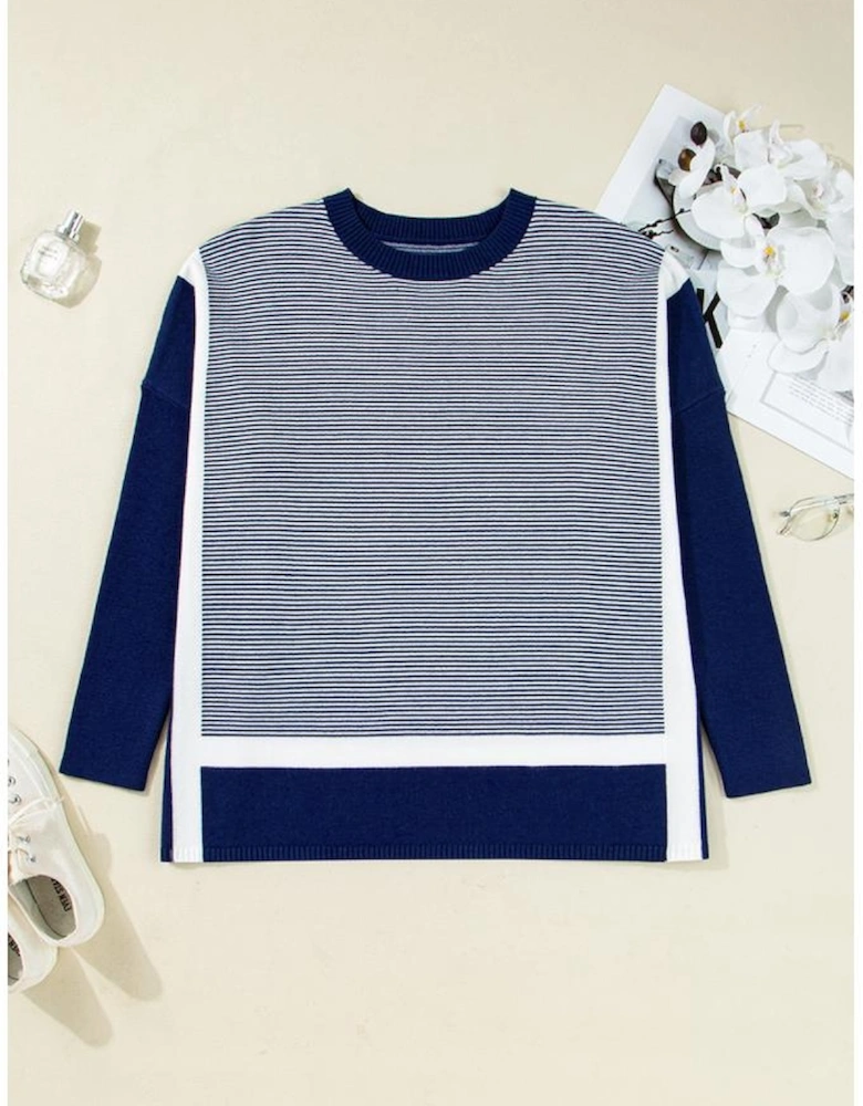 Blue Stripe Color Block Patchwork Dolman Oversize Tunic Sweater