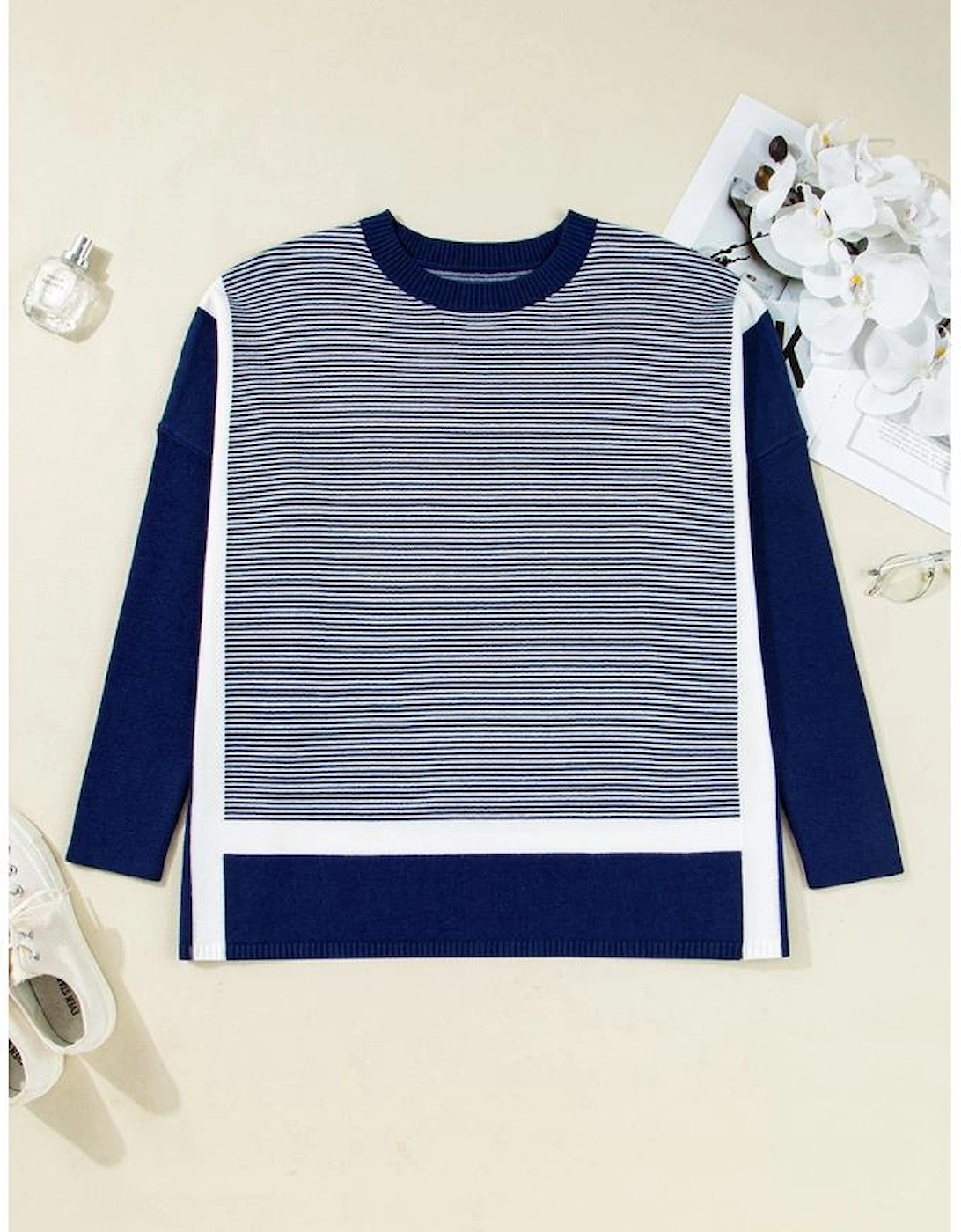 Blue Stripe Color Block Patchwork Dolman Oversize Tunic Sweater