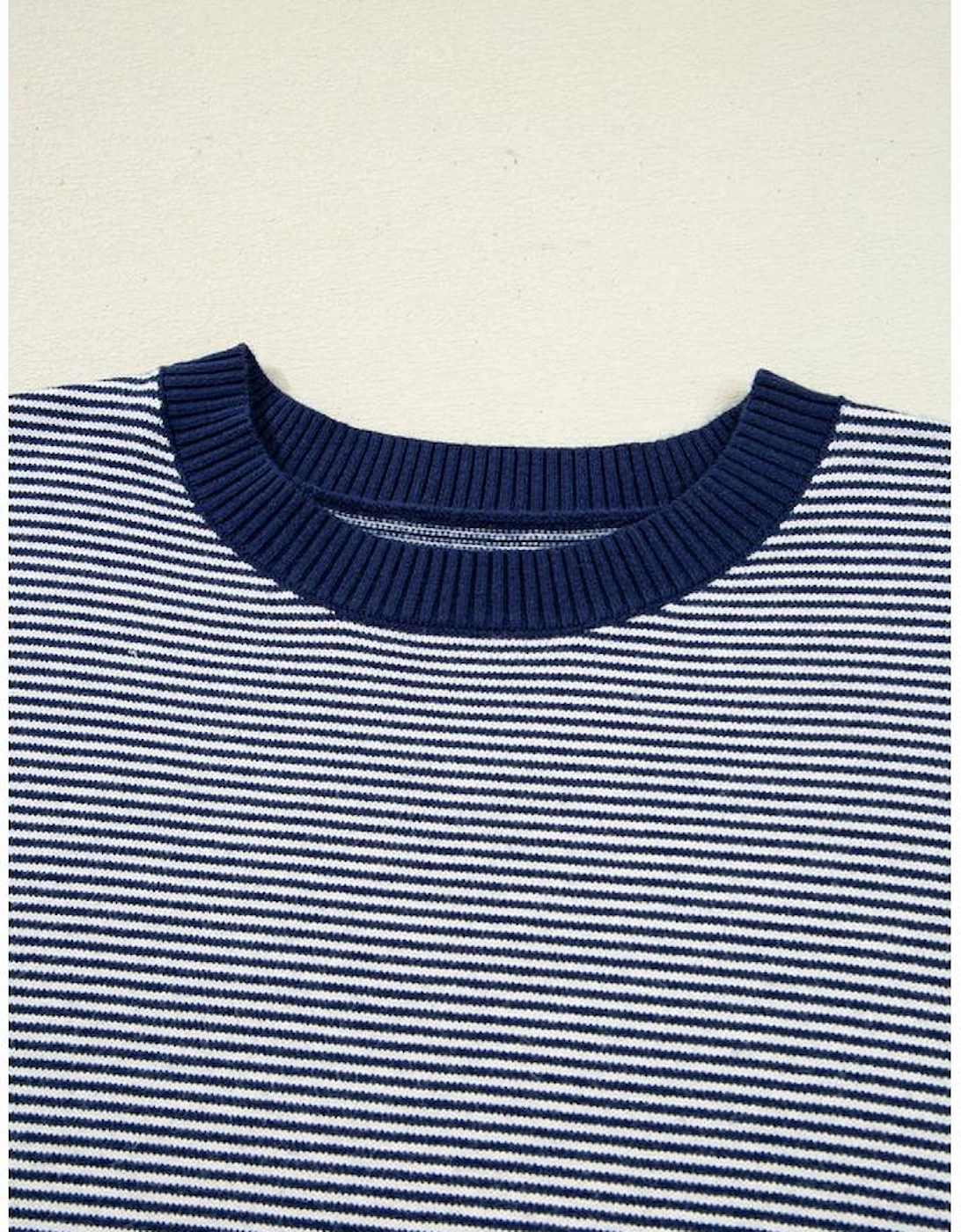 Blue Stripe Color Block Patchwork Dolman Oversize Tunic Sweater