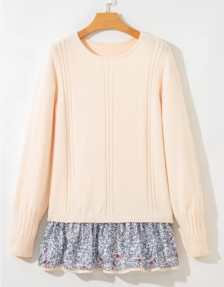 Beige Cable Texture Bohemian Ruffle Hem Patchwork Sweater