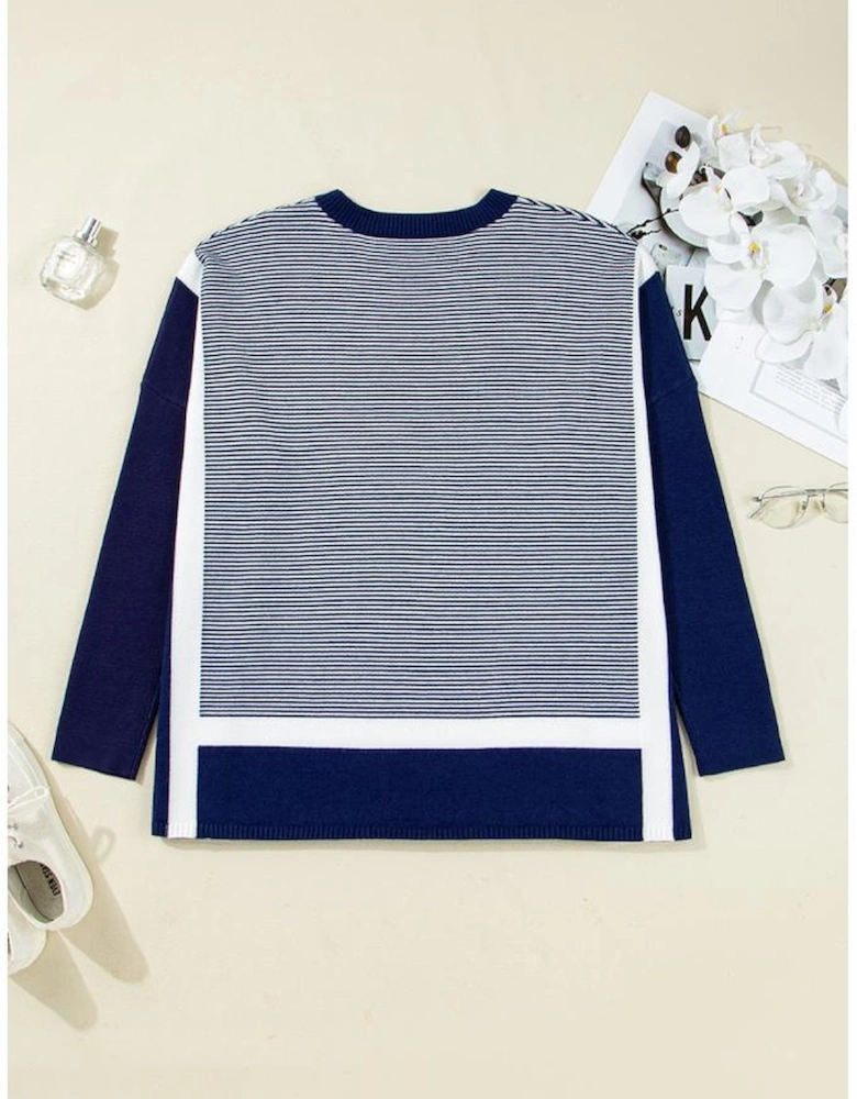 Blue Stripe Color Block Patchwork Dolman Oversize Tunic Sweater