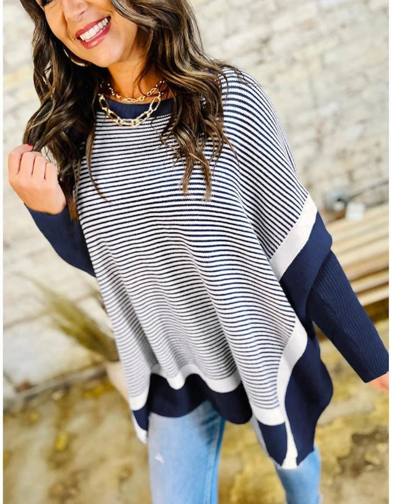 Blue Stripe Color Block Patchwork Dolman Oversize Tunic Sweater