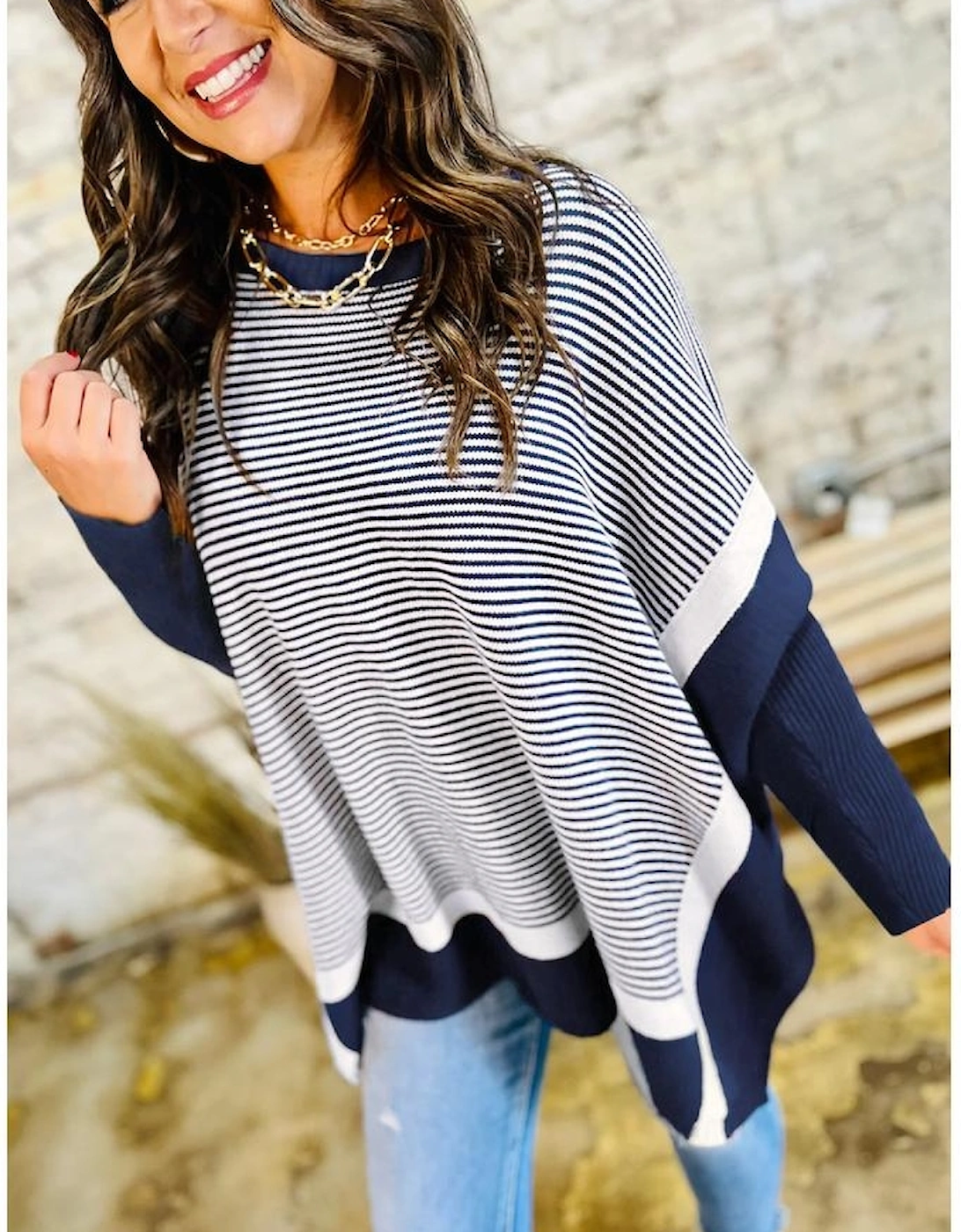 Blue Stripe Color Block Patchwork Dolman Oversize Tunic Sweater