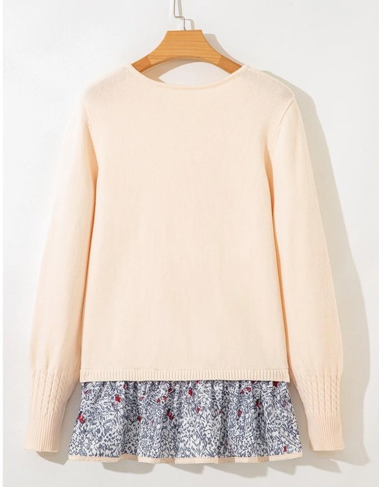 Beige Cable Texture Bohemian Ruffle Hem Patchwork Sweater