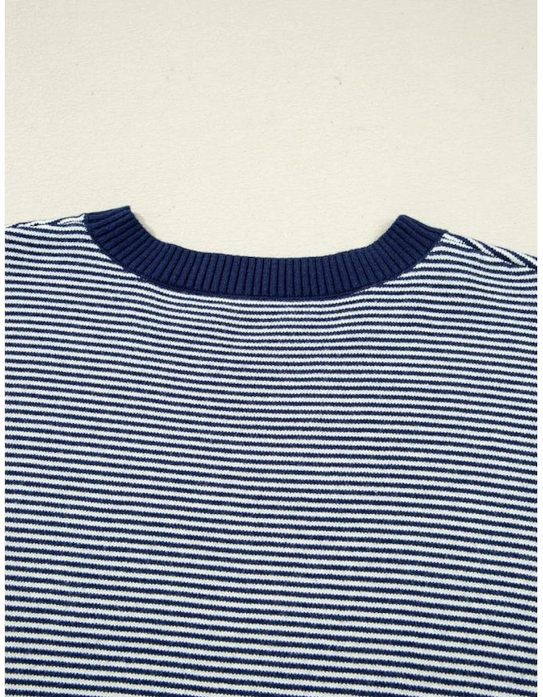 Blue Stripe Color Block Patchwork Dolman Oversize Tunic Sweater