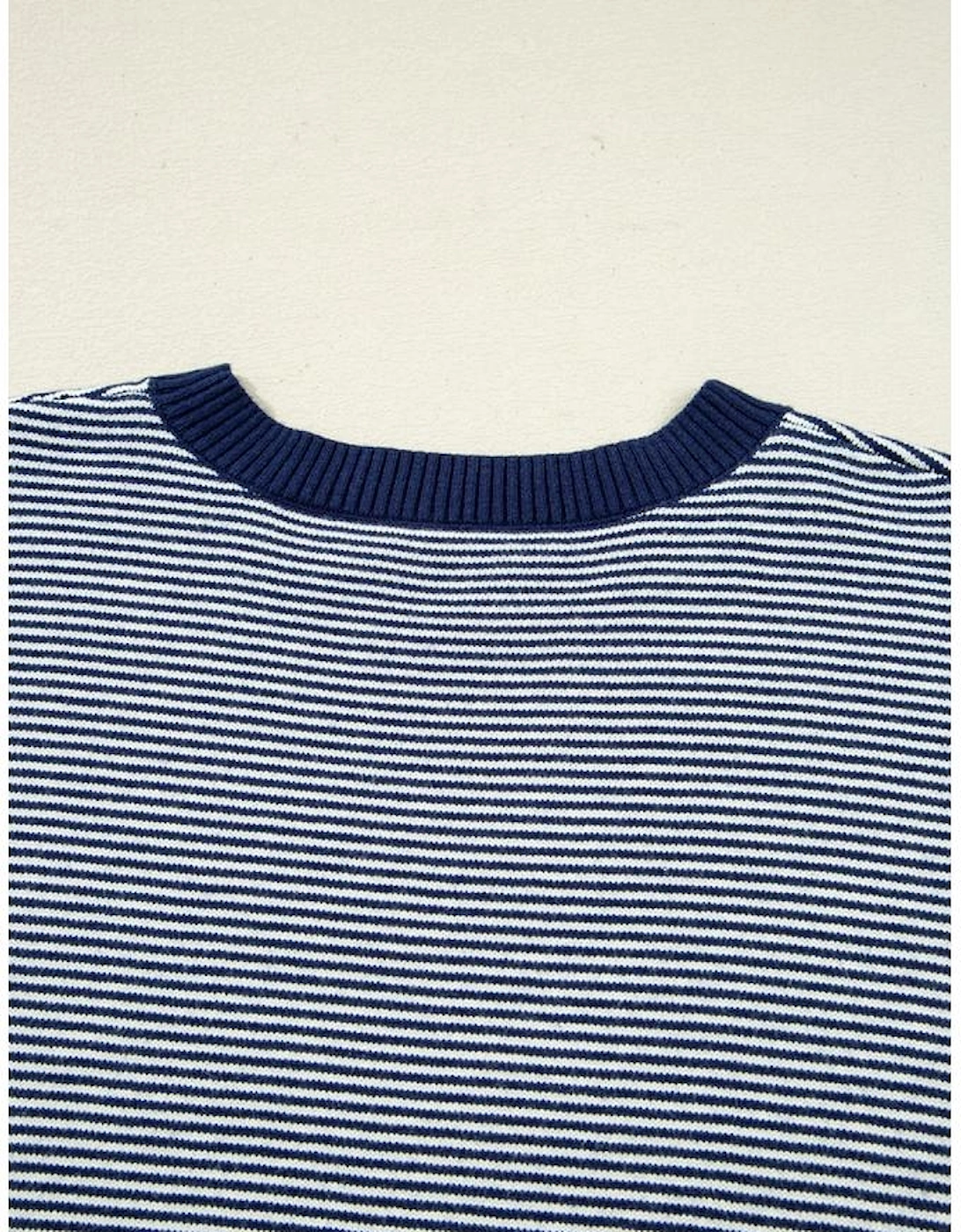 Blue Stripe Color Block Patchwork Dolman Oversize Tunic Sweater