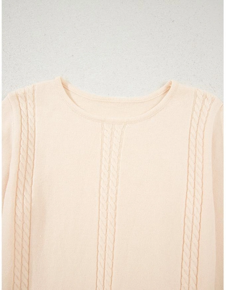 Beige Cable Texture Bohemian Ruffle Hem Patchwork Sweater