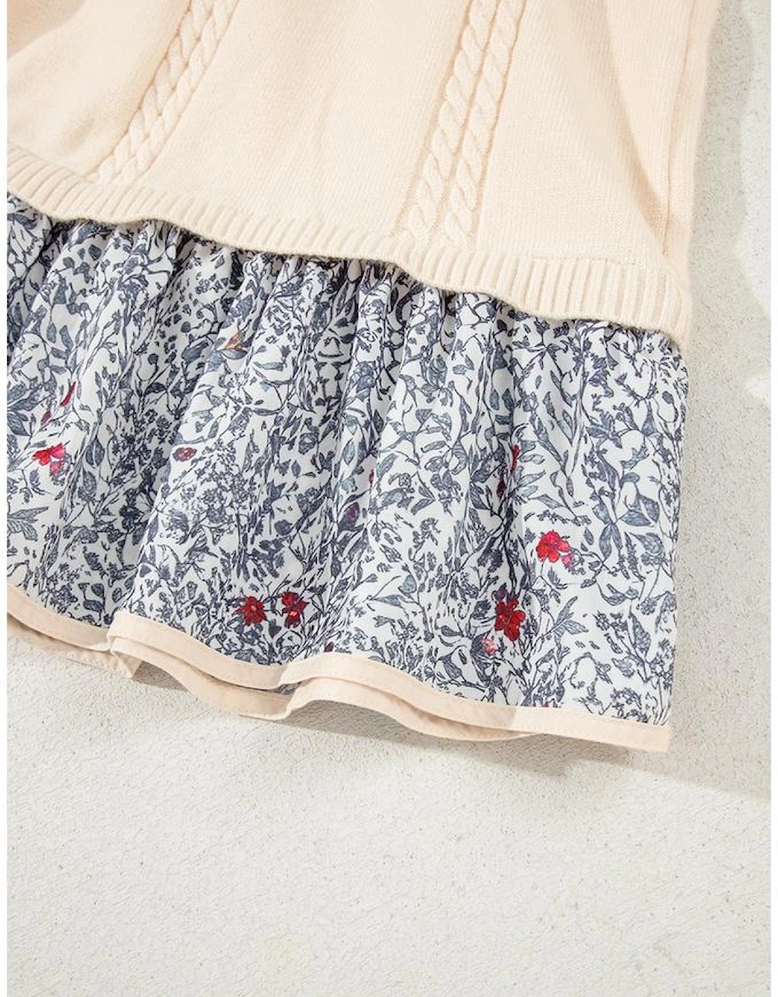 Beige Cable Texture Bohemian Ruffle Hem Patchwork Sweater