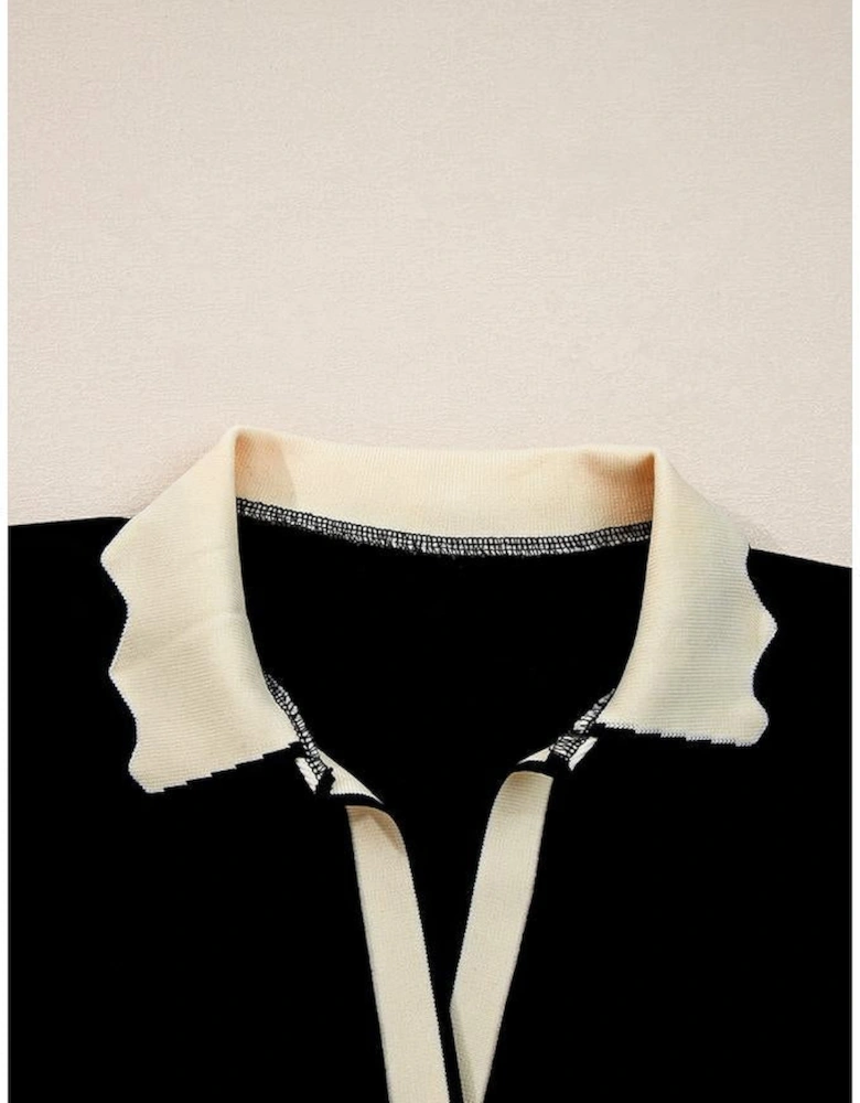 Black Scallop Trim Color Block Long Sleeve Collared Top
