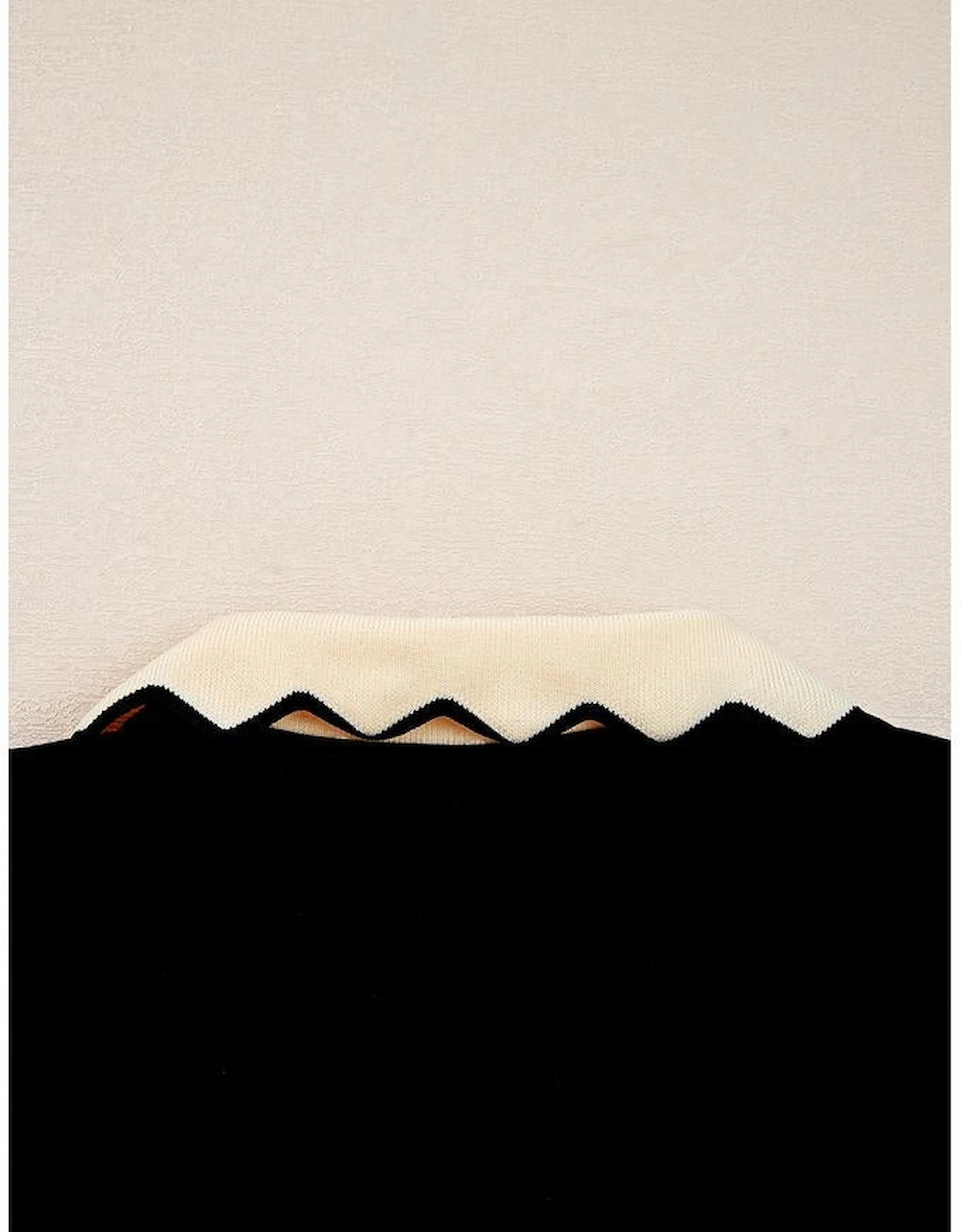 Black Scallop Trim Color Block Long Sleeve Collared Top