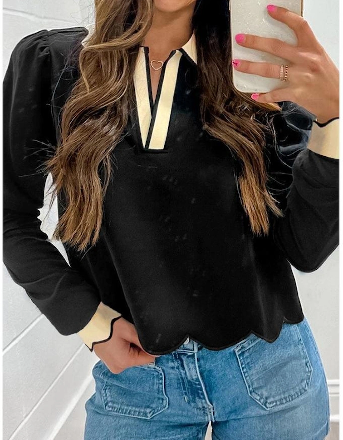 Black Scallop Trim Color Block Long Sleeve Collared Top