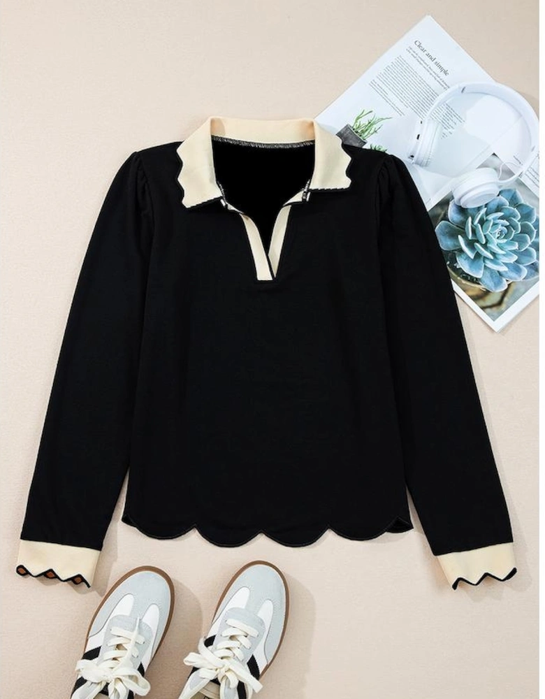 Black Scallop Trim Color Block Long Sleeve Collared Top