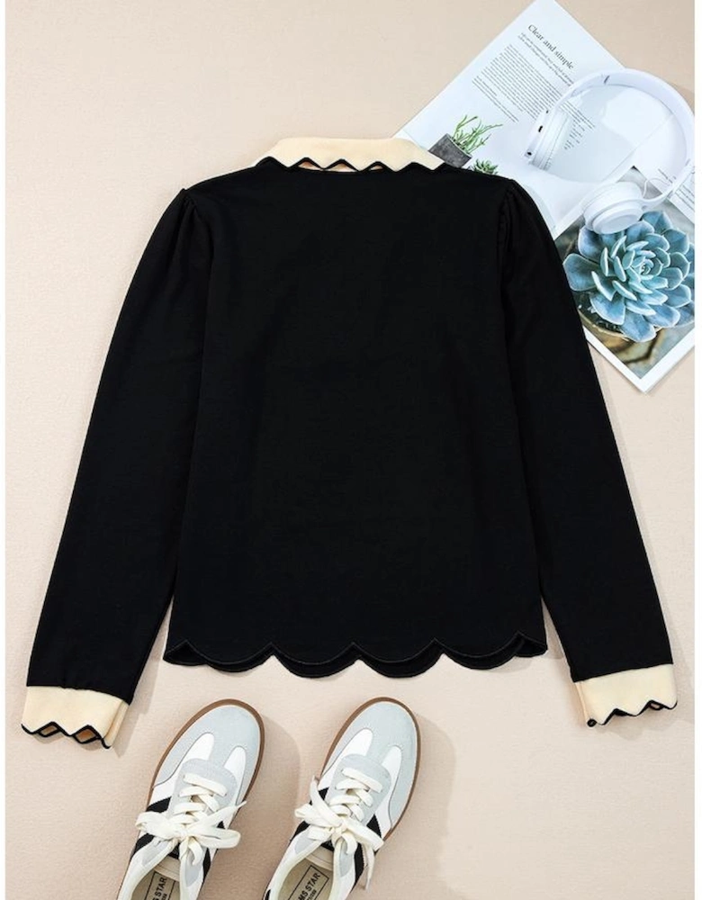 Black Scallop Trim Color Block Long Sleeve Collared Top