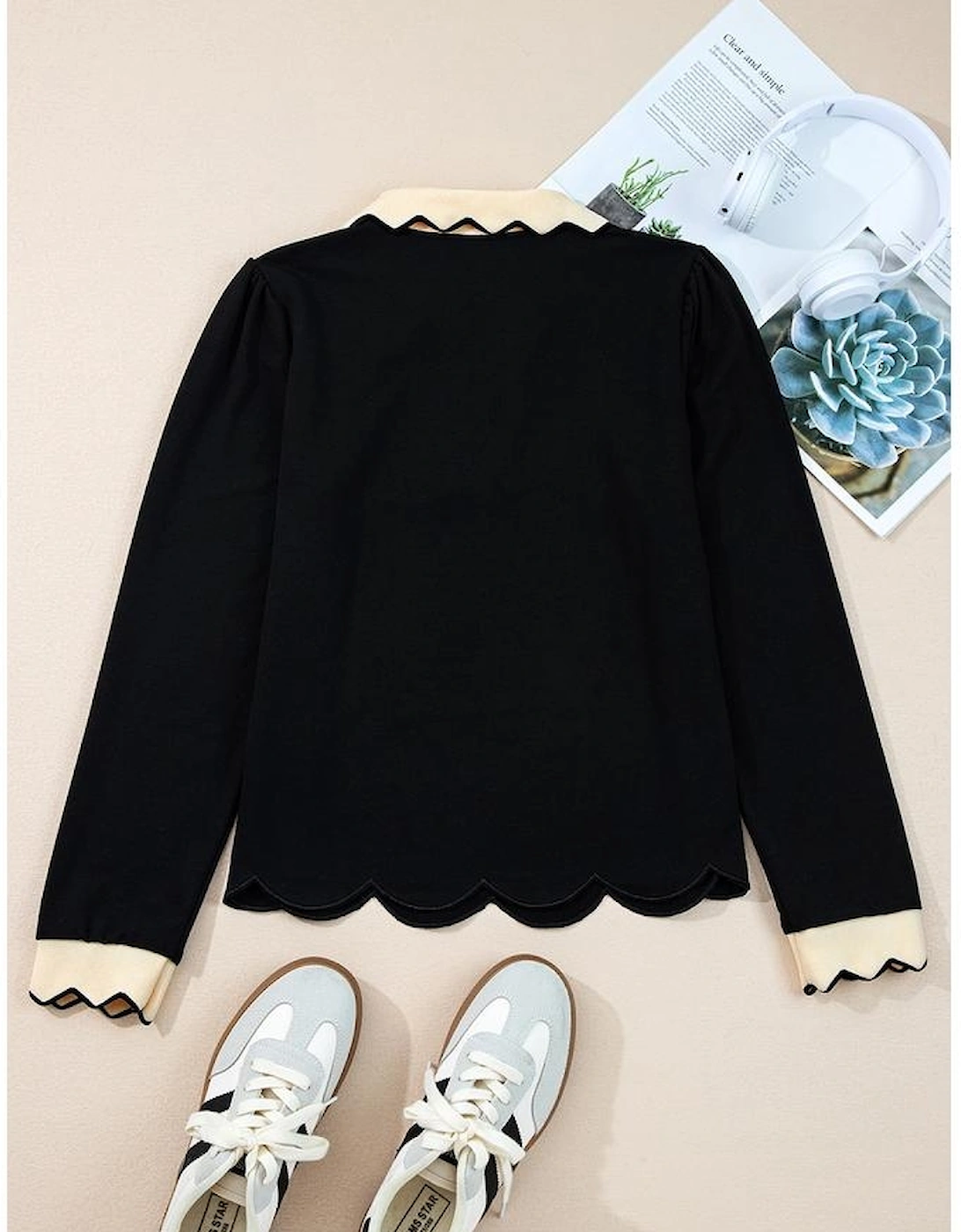 Black Scallop Trim Color Block Long Sleeve Collared Top