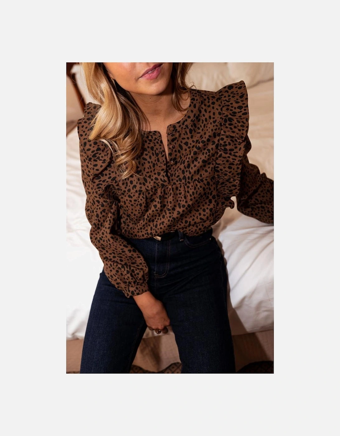 Brown Leopard Print Ruffled Puff Sleeve Blouse