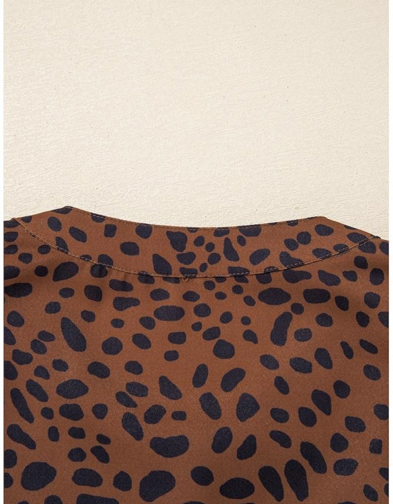 Brown Leopard Print Ruffled Puff Sleeve Blouse